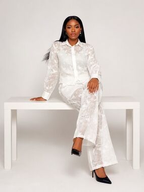 Sheer Lace Wide-Leg Pant Set in White